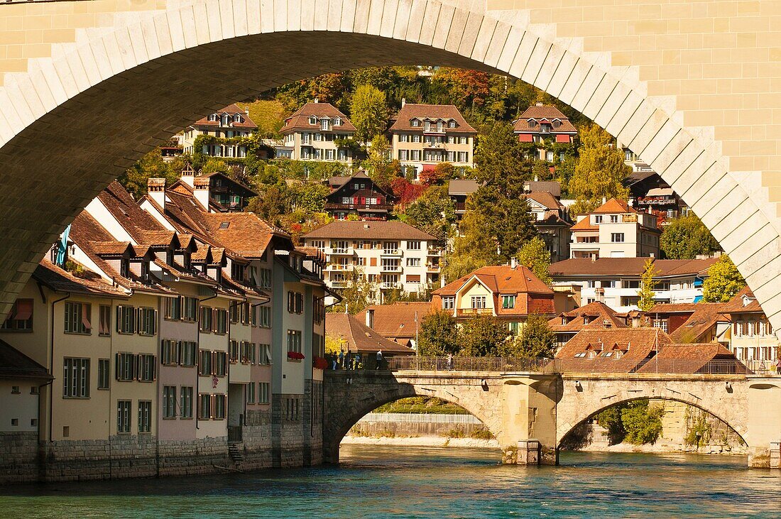 Looking through the Nydeggbrucke bridge to the Untertorbrucke on the Aare River, Bern, Canton Bern, Switzerland
