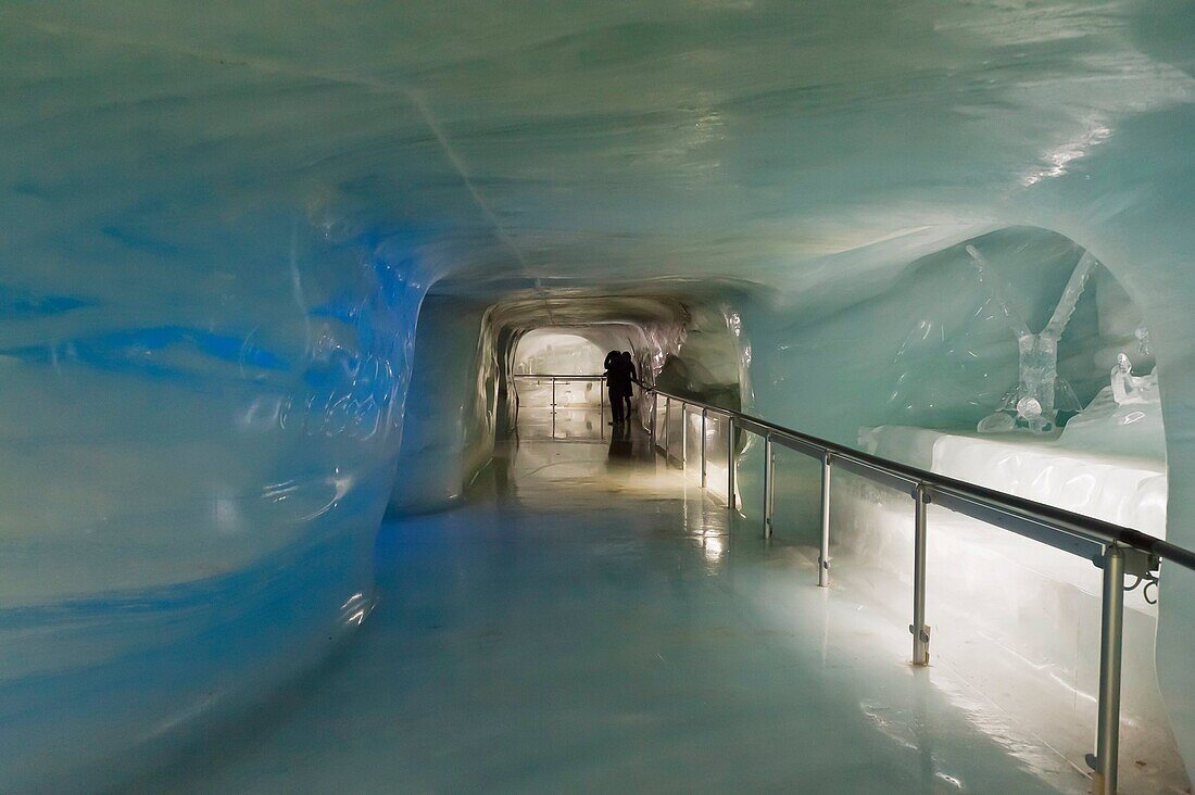 The Ice Palace Eispalast carved from the interior of Europe´s longest glacier the Aletsch Glacier, Jungfraujoch Top of Europe, Canton Bern, Switzerland