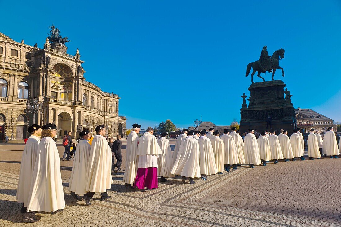 Procession of the Knights of Jerusalem walking through Theaterplatz, Semper Opera House, Theaterplatz, Dresden, Saxony, Germany