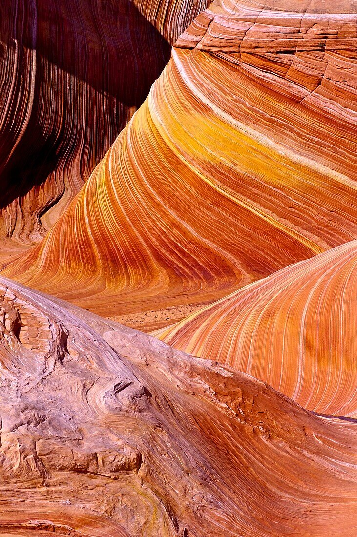 The Wave , a 190 million year old Jurassic-age Navajo sandstone rock formation, Coyote Buttes North, Paria Canyon-Vermillion Cliffs Wilderness Area, Utah-Arizona border, USA