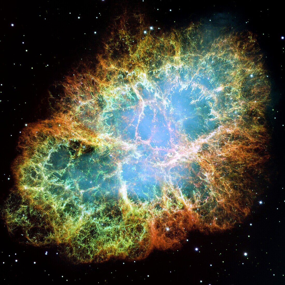 The Crab Nebula The Crab Nebula, the result of a supernova noted by Earth-bound chroniclers in 1054 A D, is filled with mysterious filaments that are are not only tremendously complex, but appear to have less mass than expelled in the original supernova