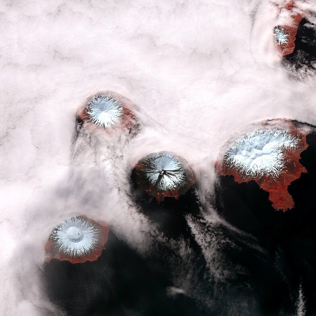 The picturesque, but snow-capped volcanoes, composing the Islands of the Four Mountains in Alaska´s Aleutian Island chain look suspiciously like an alien world in this August 2010 image from the ASTER camera aboard NASA´s orbiting Terra satellite   The is