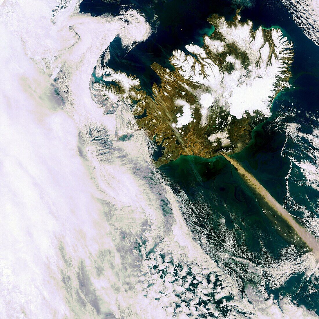 A heavy plume of ash from Iceland´s Eyjafjallajoekull volcano is visible travelling over the Atlantic in this Envisat Medium Resolution Imaging Spectrometer image acquired on 11 May 2010  The narrow shape of the ash cloud indicates a lot of wind is blowin