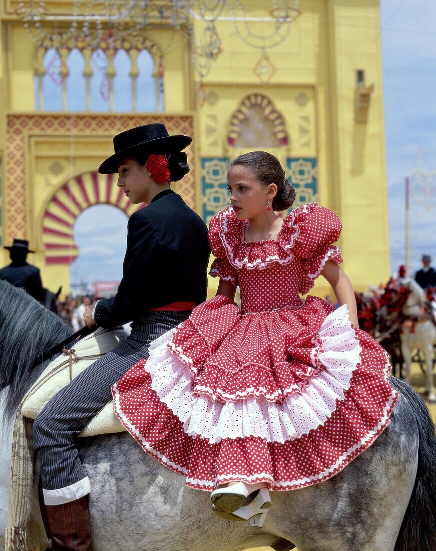 children, costumes, Europe, european, fair, flamenc. Children, Costumes, Dress, Europe, European, Fair, Flamenco, Holiday, Horse, Landmark, People, Ride, Riding, Seville, Seville fa