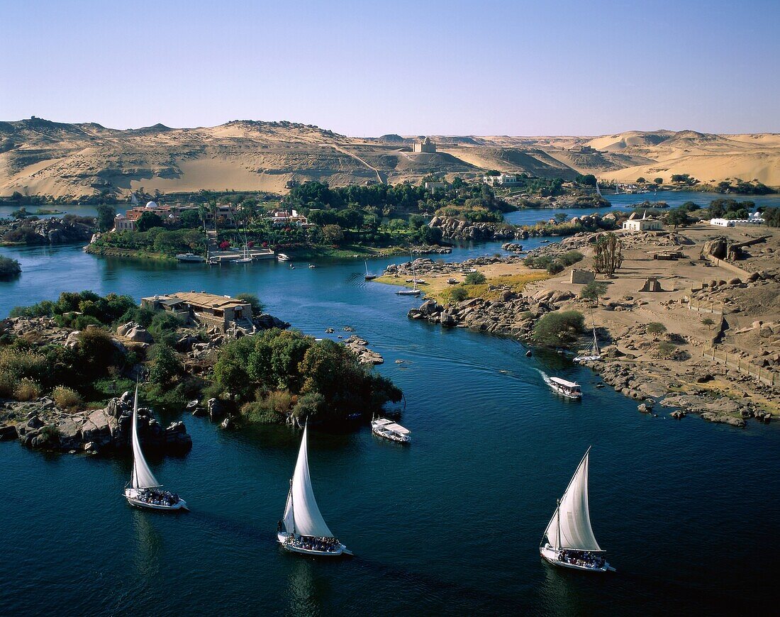 aswan, boats, desert, Egypt, hills, mountains, Nile. Aswan, Boats, Desert, Egypt, Africa, Hills, Holiday, Landmark, Mountains, Nile, Nile river, River, Sail, Sailboats, Sailing, Tou