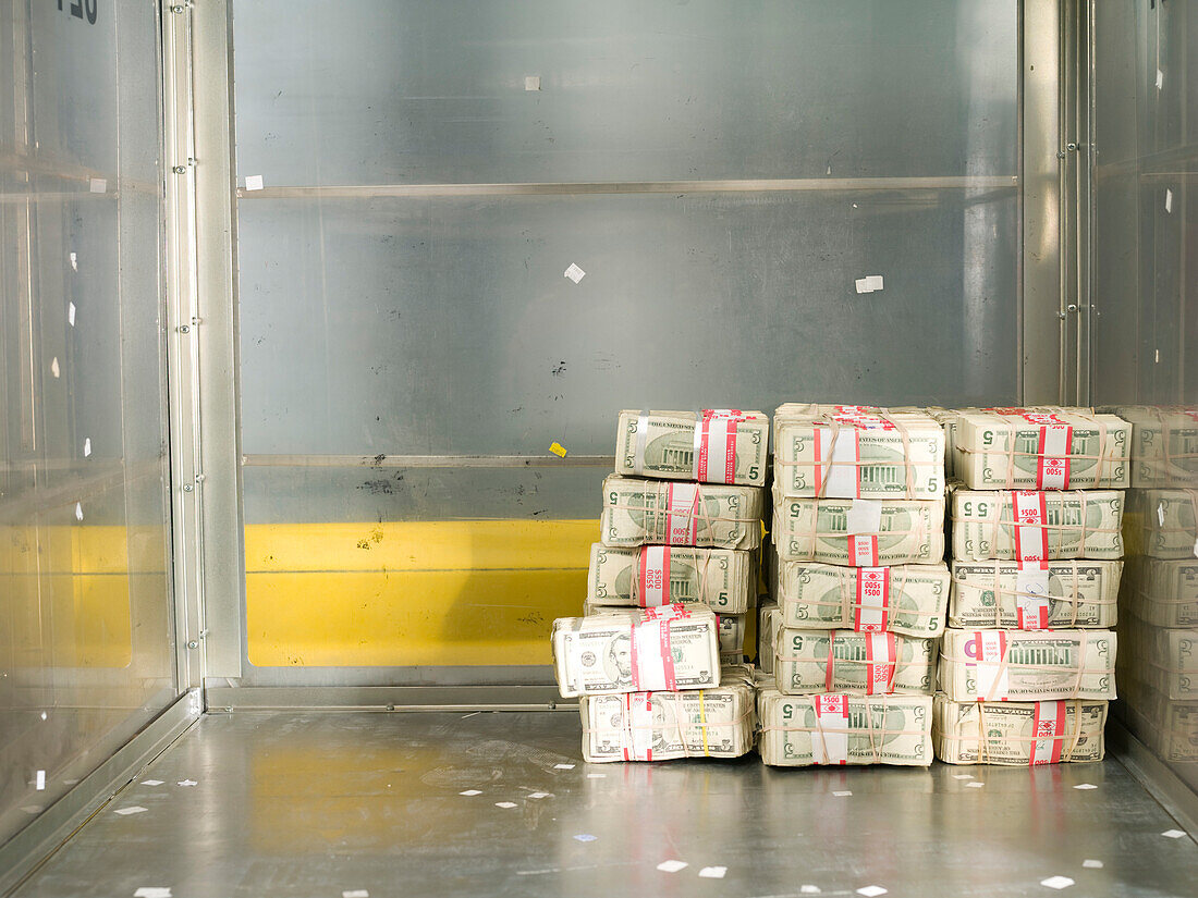 US Dollar Bills in a Bank Cart, Chicago, Illinois, USA