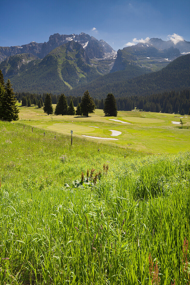 Golfplatz Campo Carlo Magno nahe Madonna di Campiglio, Brenta Massiv, Trentino, Italien