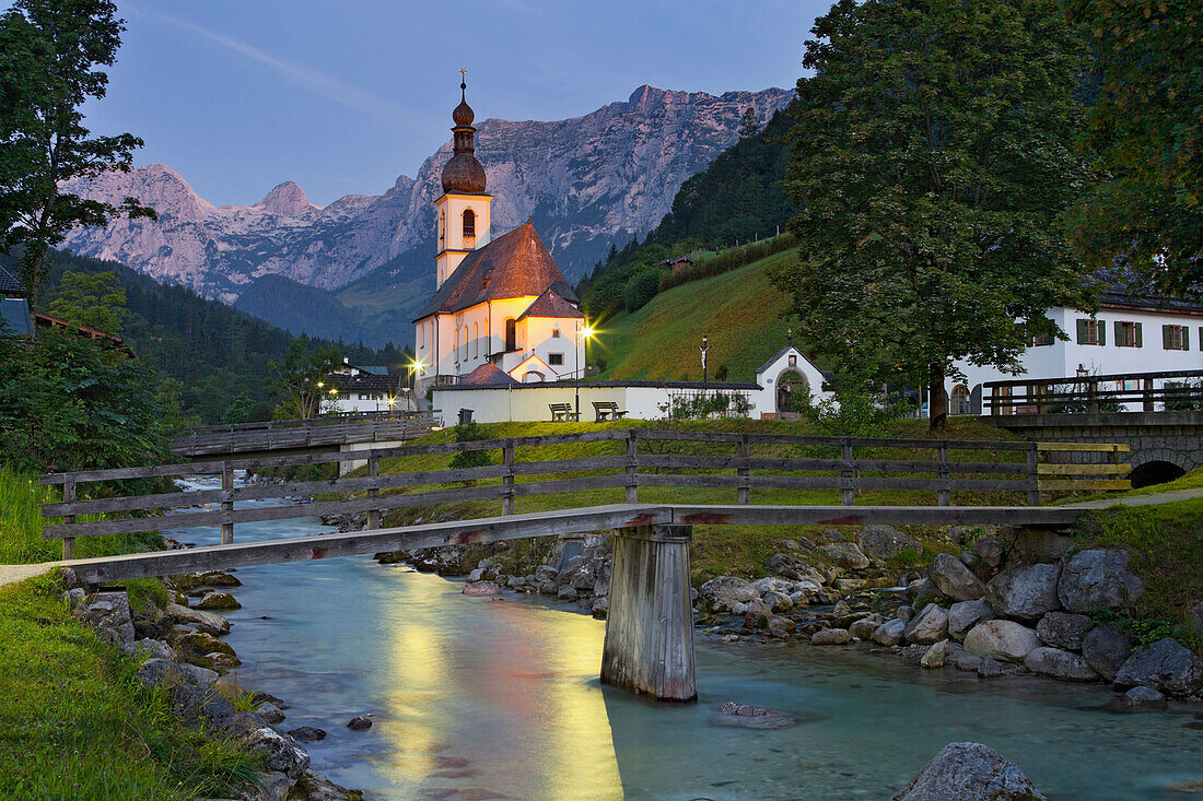 Ramsau church in the evening light, Ramsauer Ache, Berchtesgadener Land, Upper Bavaria, Bavaria, Germany