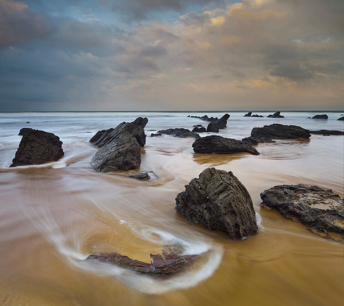 Rocks on beach, Barrika, Bay of Biscay, Asturias, Spain