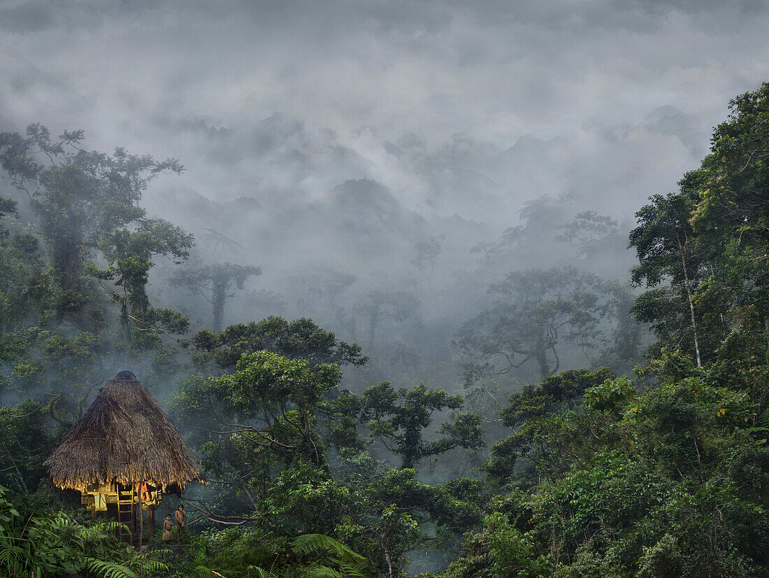 Ifugao children beside hut in a tropical rainforest, Banaue, Ifugao, Luzon Island, Philippines, Asia