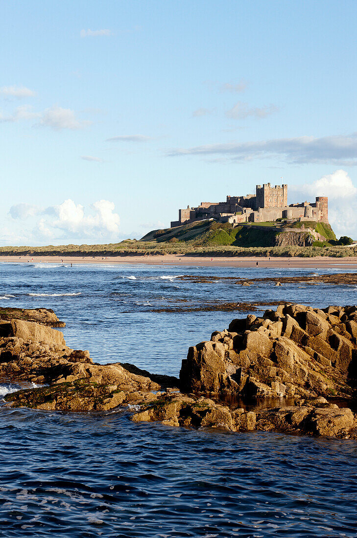 Coastline below Bamburgh Castle, Bamburgh, Northumberland, England, Great Britain, Europe