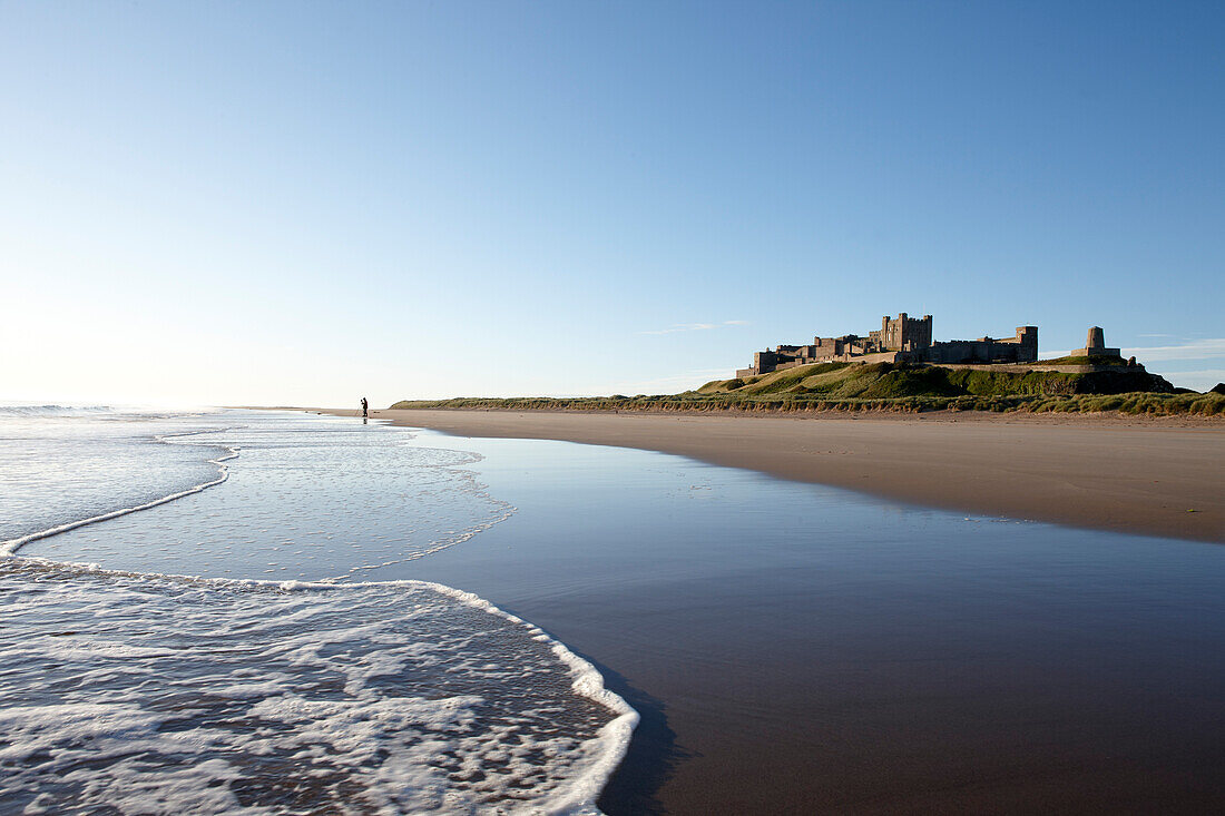 Beach below Bamburgh Castle, Bamburgh, Northumberland, England, Great Britain, Europe