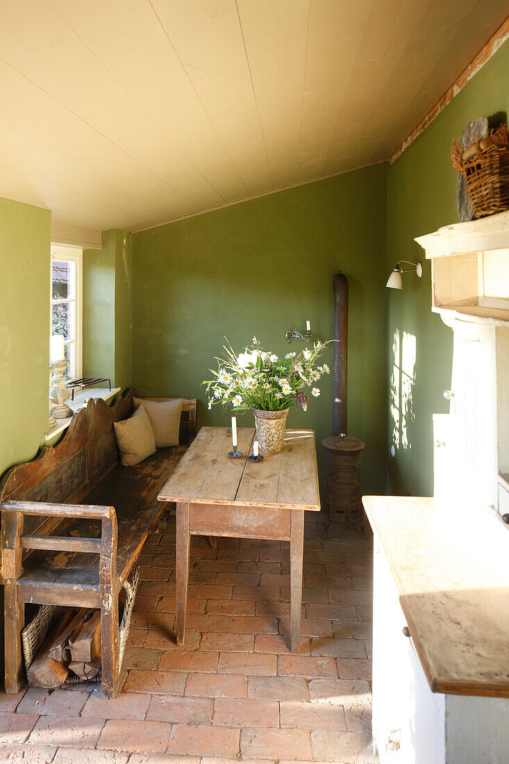 Green room with old furniture, Klein Thurow, Roggendorf, Mecklenburg-Western Pomerania, Germany