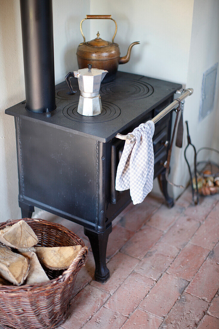 Wood fired stove in a kitchen, Klein Thurow, Roggendorf, Mecklenburg-Western Pomerania, Germany
