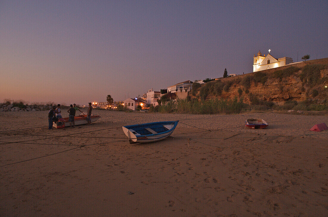 Fisher boat and houses at Arade river, Ferragudo, Central Algarve, Algarve, Portugal, Europe