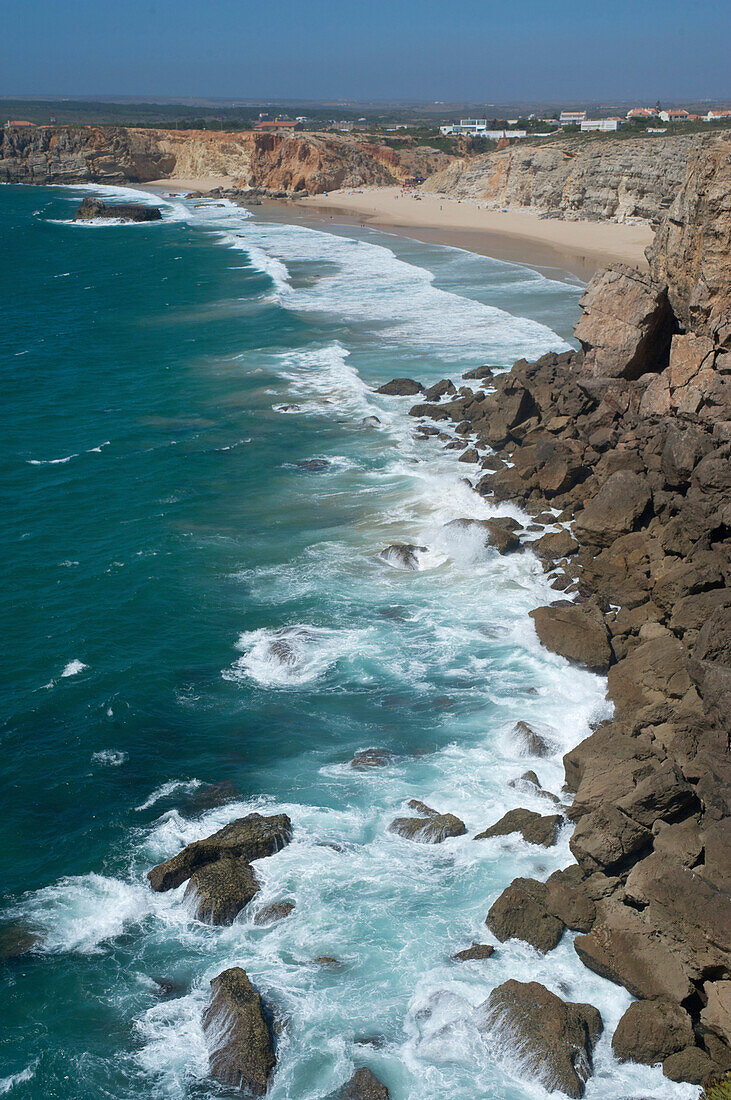 Beach and cliffs at the Atlantic Ocean, near Sagres, view onto the sea, Algarve, Portugal, Europe