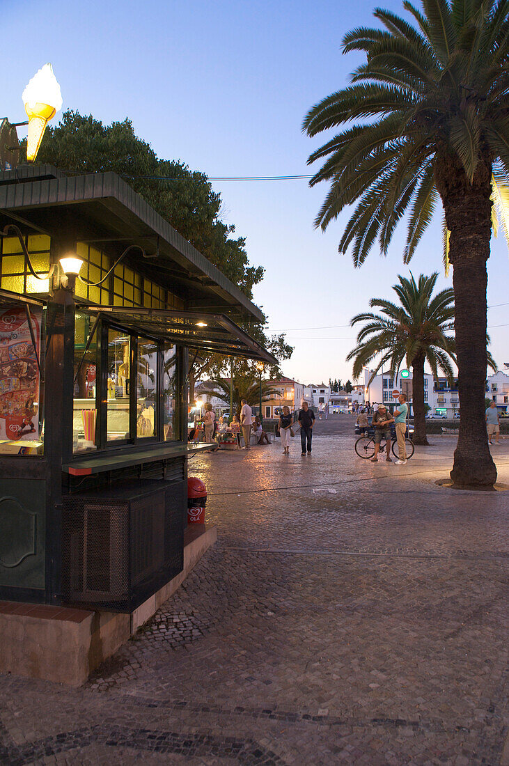 Kiosk and park on the river bank at evening, Tavira, Algarve, Portugal, Europe