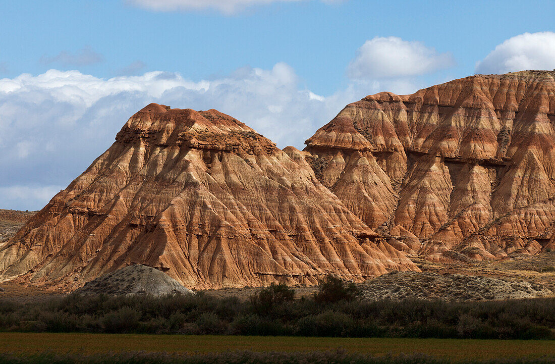 The desert Bardenas Reales under clouded sky, UNESCO Biosphere Reserve, Province of Navarra, Northern Spain, Spain, Europe