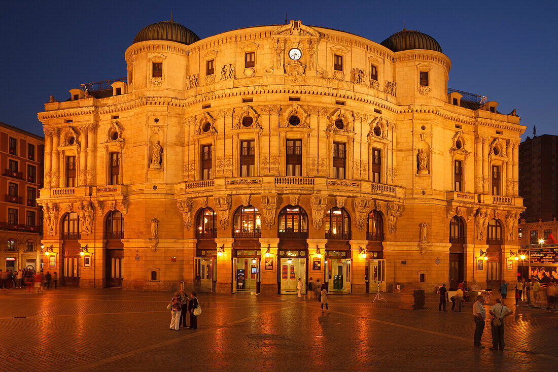 The illuminated Teatro Arriaga theatre in the evening, Plaza de Arriaga, Bilbao, Province of Biskaia, Basque Country, Euskadi, Northern Spain, Spain, Europe