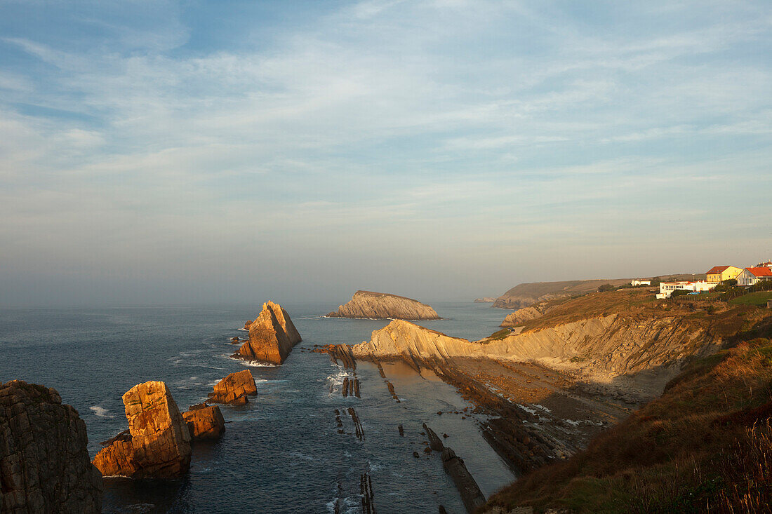 Rock formations along the coast of Arnia, Los Pielagos, Camino de la Costa, Camino del Norte, coastal route, Way of St. James, Camino de Santiago, pilgrims way, province of Cantabria, Cantabria, Northern Spain, Spain, Europe