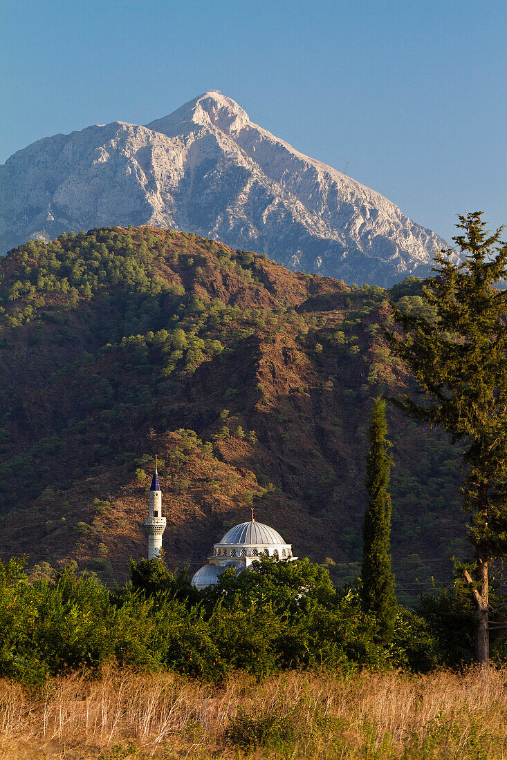 Mosque and Tahtali mountain near ancient Olympos, lycian coast, Lycia, Mediterranean Sea, Turkey, Asia