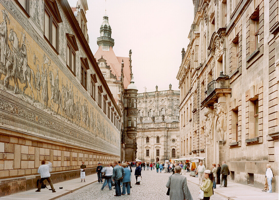 Fuerstenzug (Procession Of Princes) in the Augustusstrasse, at the back side of the Royal Mew, Dresden, Saxony, Germany, Europe