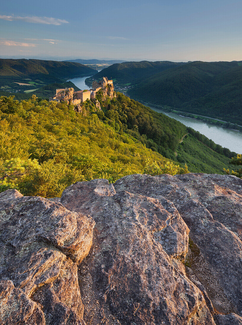 Burgruine Aggstein an der Donau im Abendlicht, Wachau, Niederösterreich, Österreich, Europa