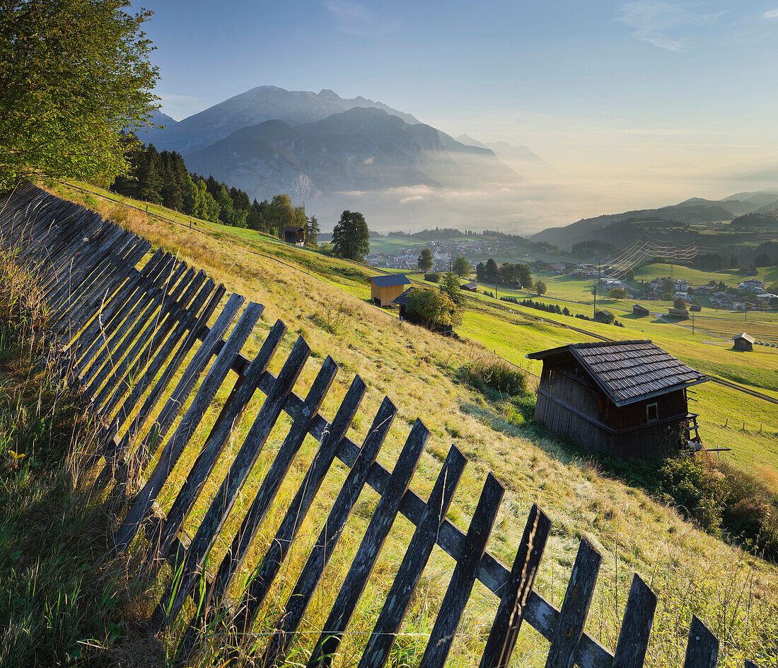 View into the Inn valley, Aigling near Innsbruck, Inn valley, Tyrol, Austria