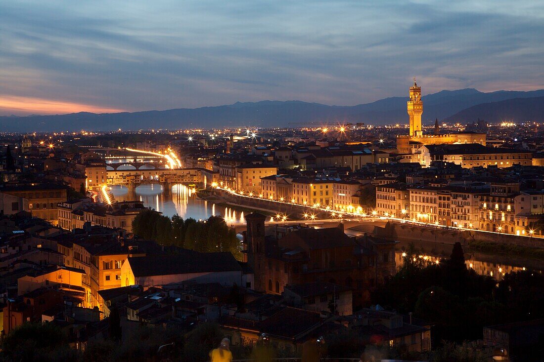 Aerial view at night, Florence, Tuscany, Italy