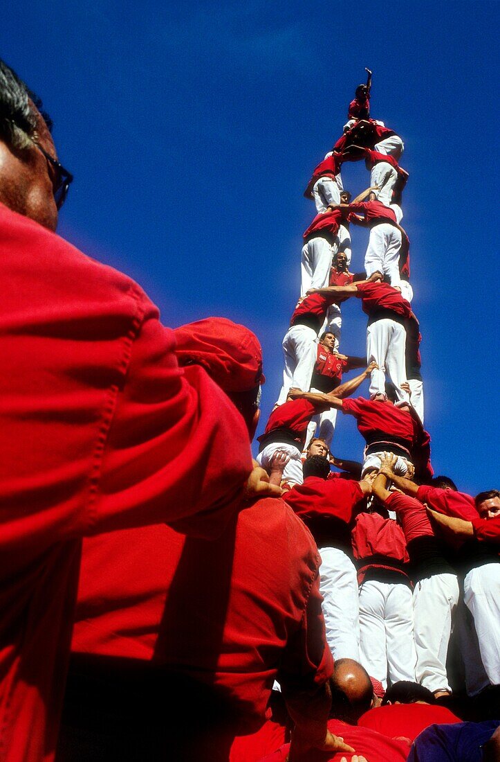 Nens del Vendrell ´Castellers´ building human tower, a Catalan tradition Biannual contest  bullring Tarragona, Catalonia, Spain