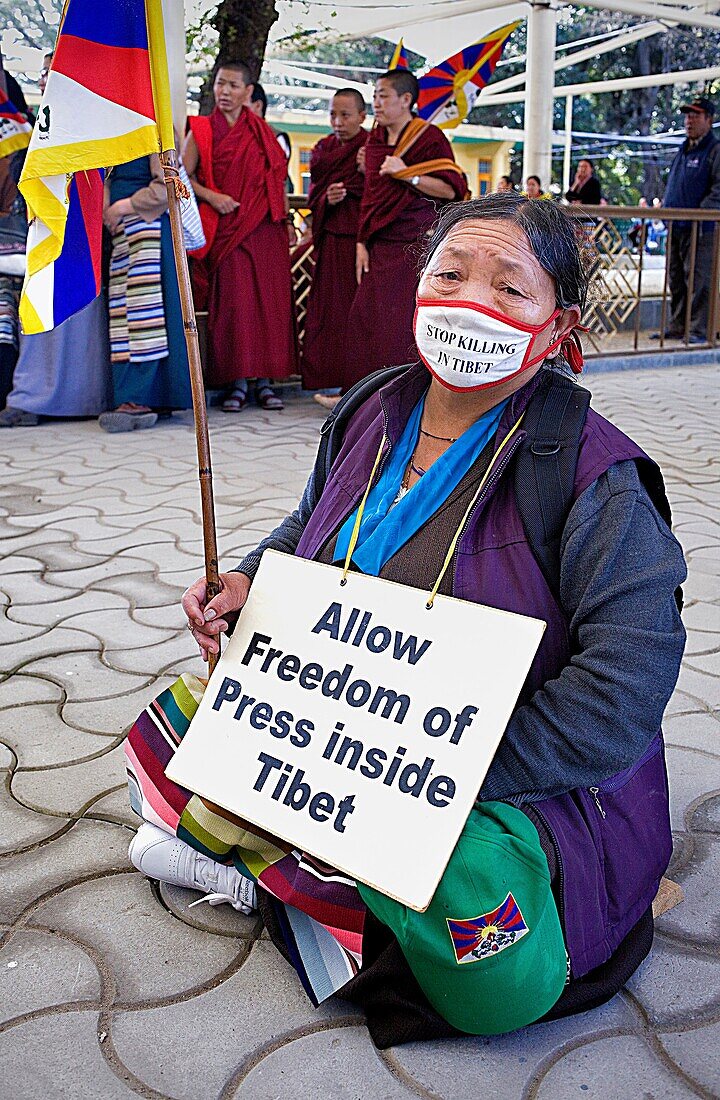 women´s demonstration, for the freedom of Tibetan women, in Namgyal Monastery, Tsuglagkhang complex  McLeod Ganj, Dharamsala, Himachal Pradesh state, India, Asia