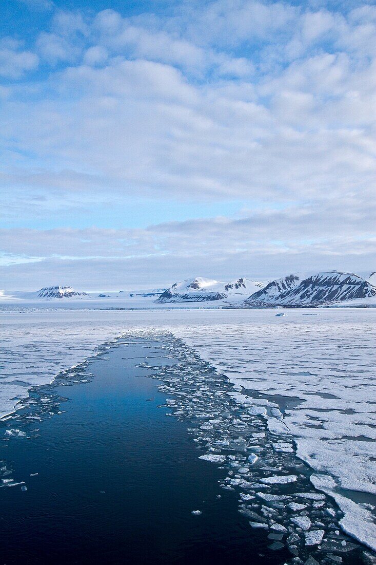 A view of Krossfjorden cross fjord on the northwestern side of Spitsbergen Island in the Svalbard Archipelago, Norway