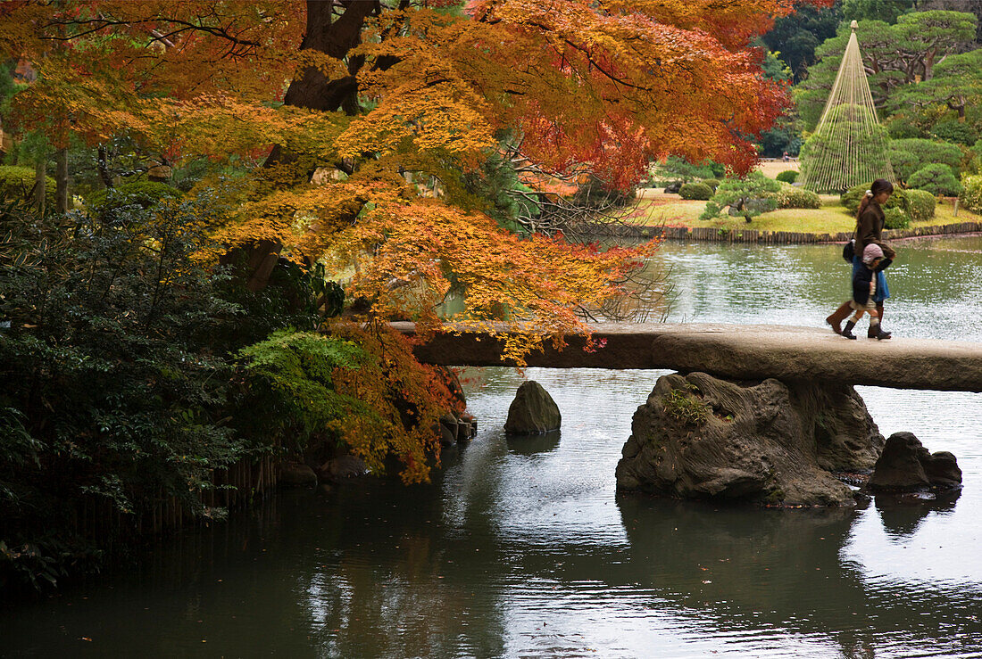 Japanese maple trees in autumn hues hang over Togetsukyo Bridge, which is constructed of two huge stone slabs at Rikugien Garden (Six Poem Garden) in the old Komagome District of Tokyo, Japan.