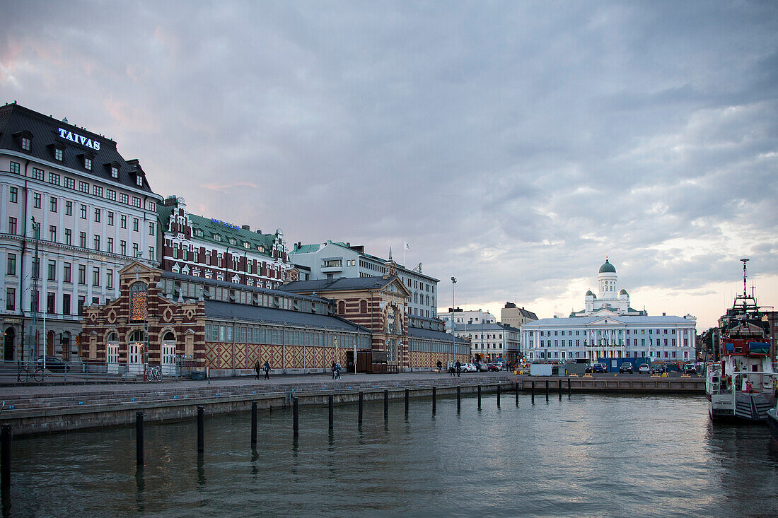 Finland, Helsinki City, Kauppahalli Bldg. and San Nicolas cathedral