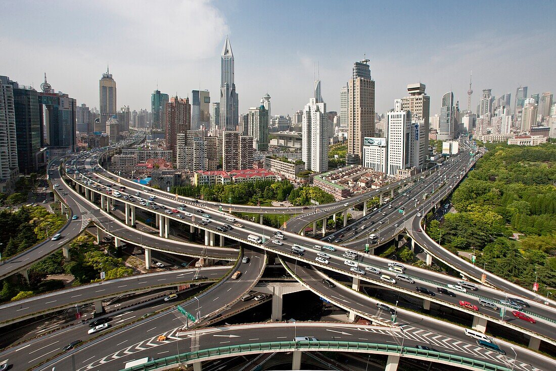 China-Shanghai City- Highway Crossing at Yannan Lu and Chengdu Lu Avenues