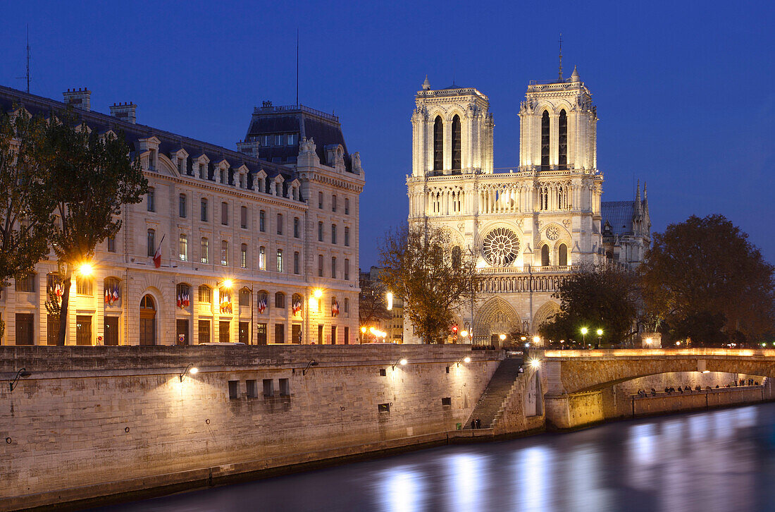 France, Paris, 4th, Ile de la Cité, the cathedral Notre Dame and la Seine at night
