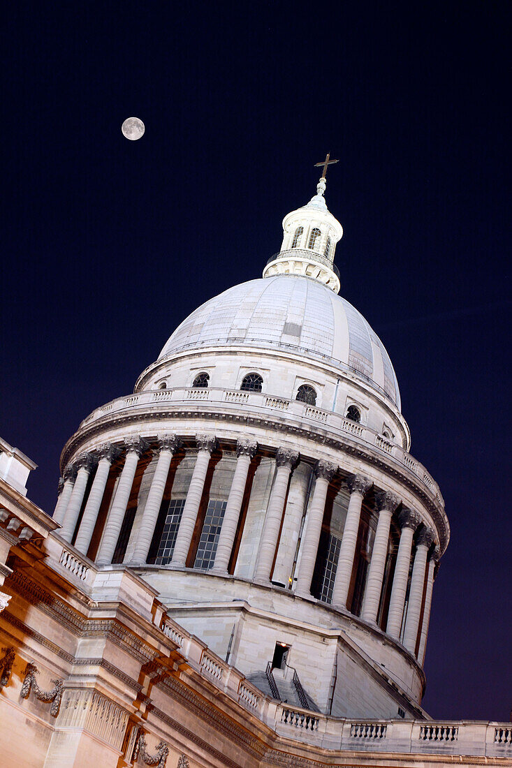 France, Paris, 5th, The Pantheon at night, full moon over the dome