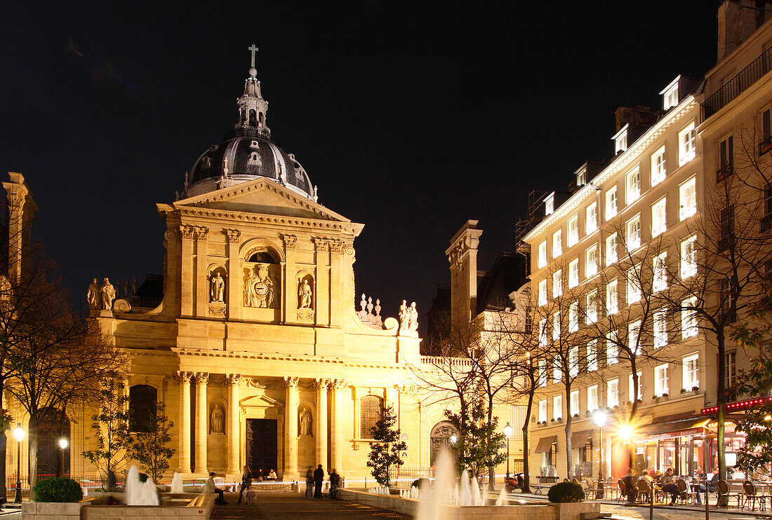 France, Paris, 5th, facade of La Sorbonne at night