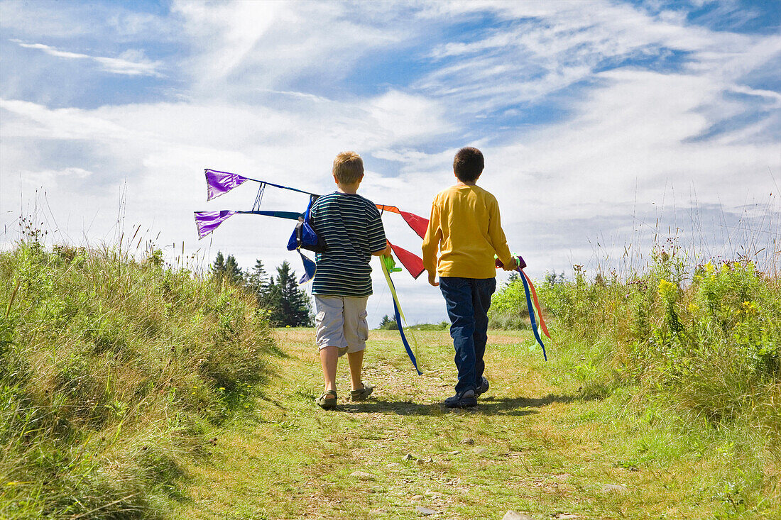 Boys walking with kite. Brothers walking down path with kite going toward blue sky