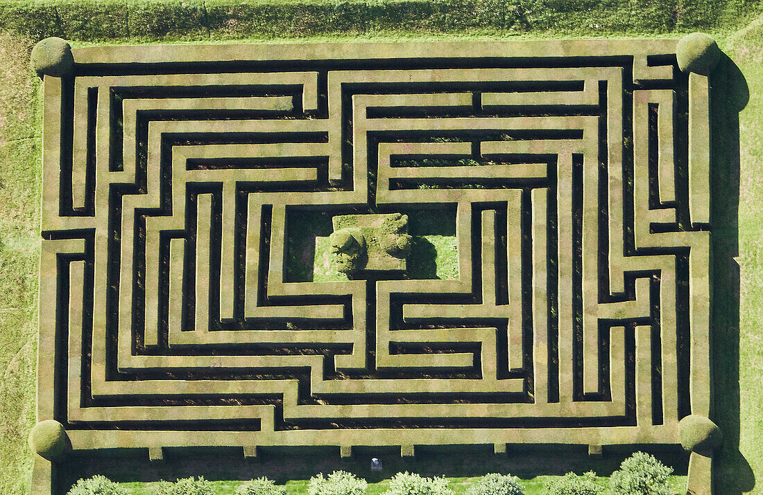 Aerial view of hedge maze. Vertical Aerial Shot of Hatfield Maze