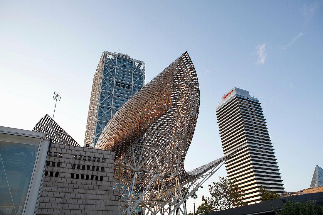 Modern metal sculpture in city center. Frank Gehry´s fish, Barcelona, Spain
