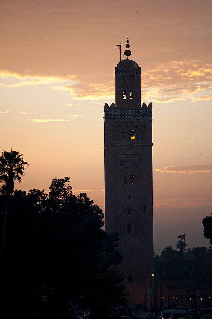 Silhouette of Koutoubia mosque. Koutoubia Mosque, Marrakech, Morocco