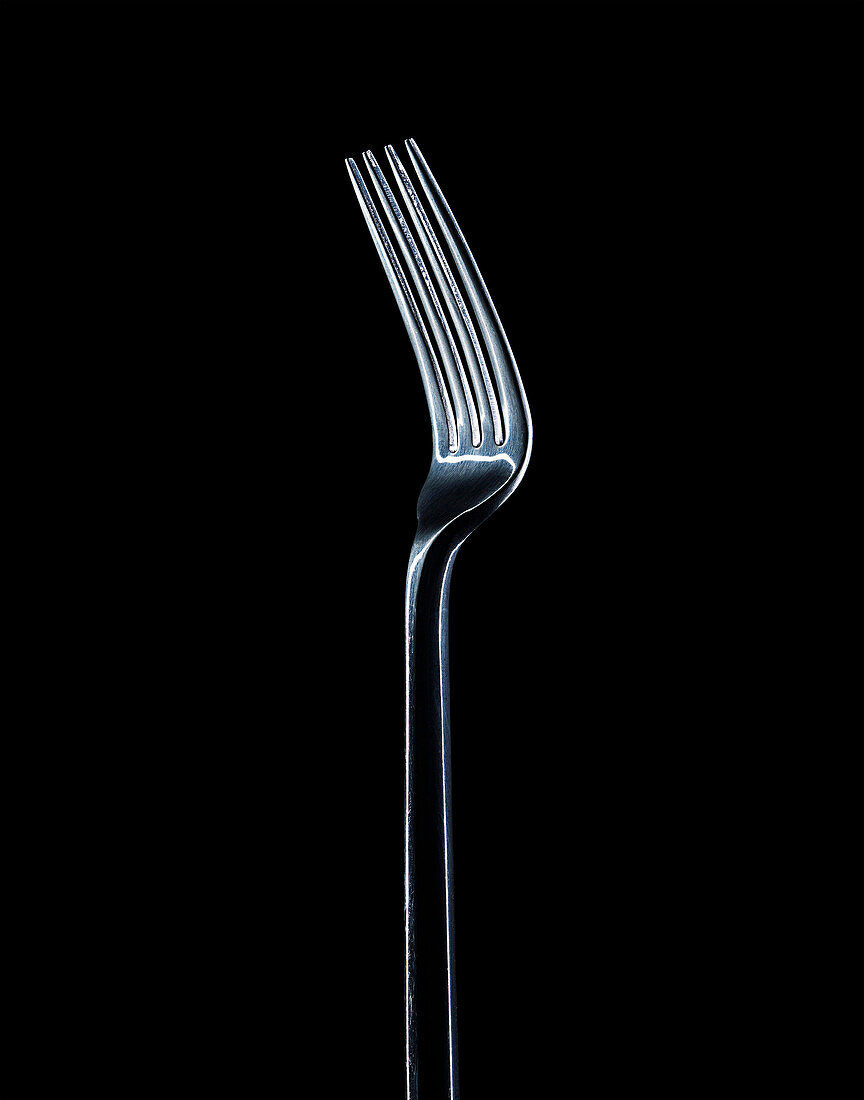 Close up of fork. Still Life,Fork,Metal,Cutlery,Highlight,texture,Sliver,Black, Black background,Graphic,Shadows,Art,Photo