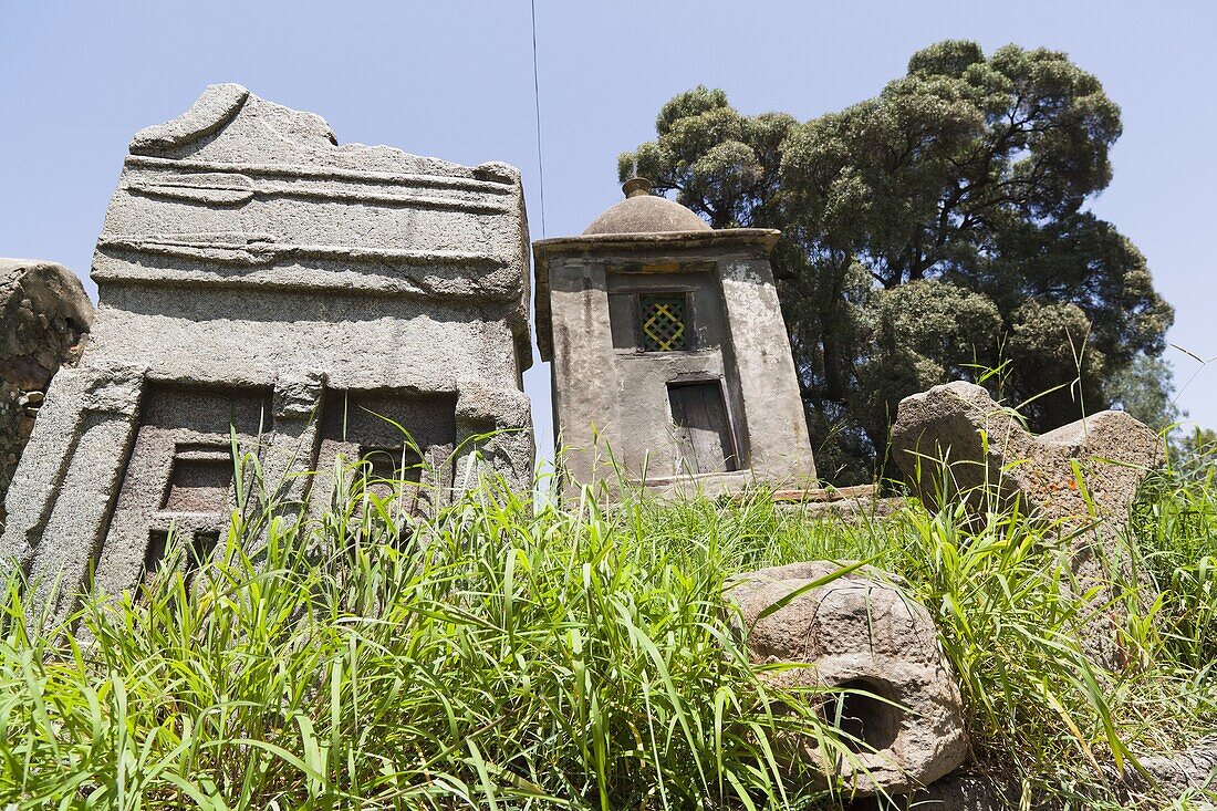 Sculptures in the compound of St  Mary of Zion, Aksum, which date possibly back to old pre-christian aksumite kongdoms  Aksum is the most important religious center of the ethiopian orthodox church  the Ark of the covenant, which is the holy of holy of th