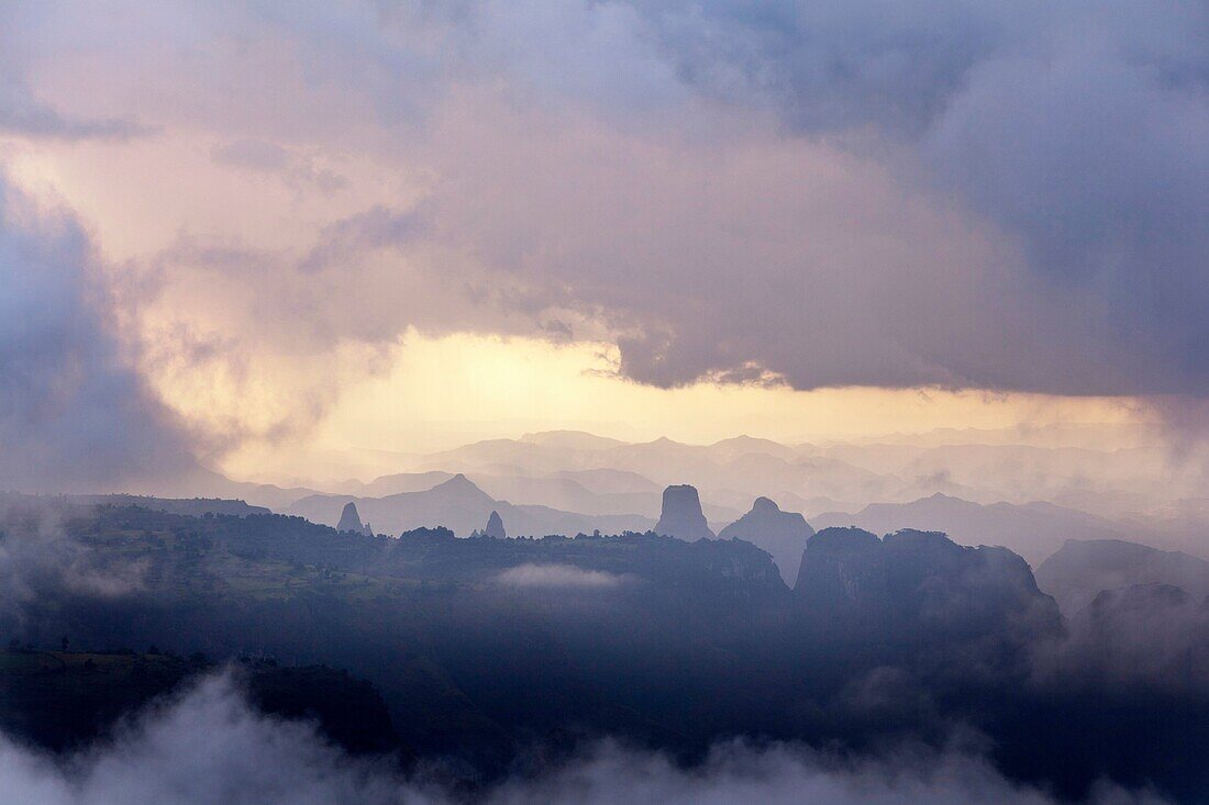 Landscape in the Simien Mountains National Park  Cloudscape ober the escaprment after a heavy thunderstorm during rainy season  The Simien Semien, Saemen, Simen Mountains National Park is part of the UNESCO World heritage and is listed in the red list of.