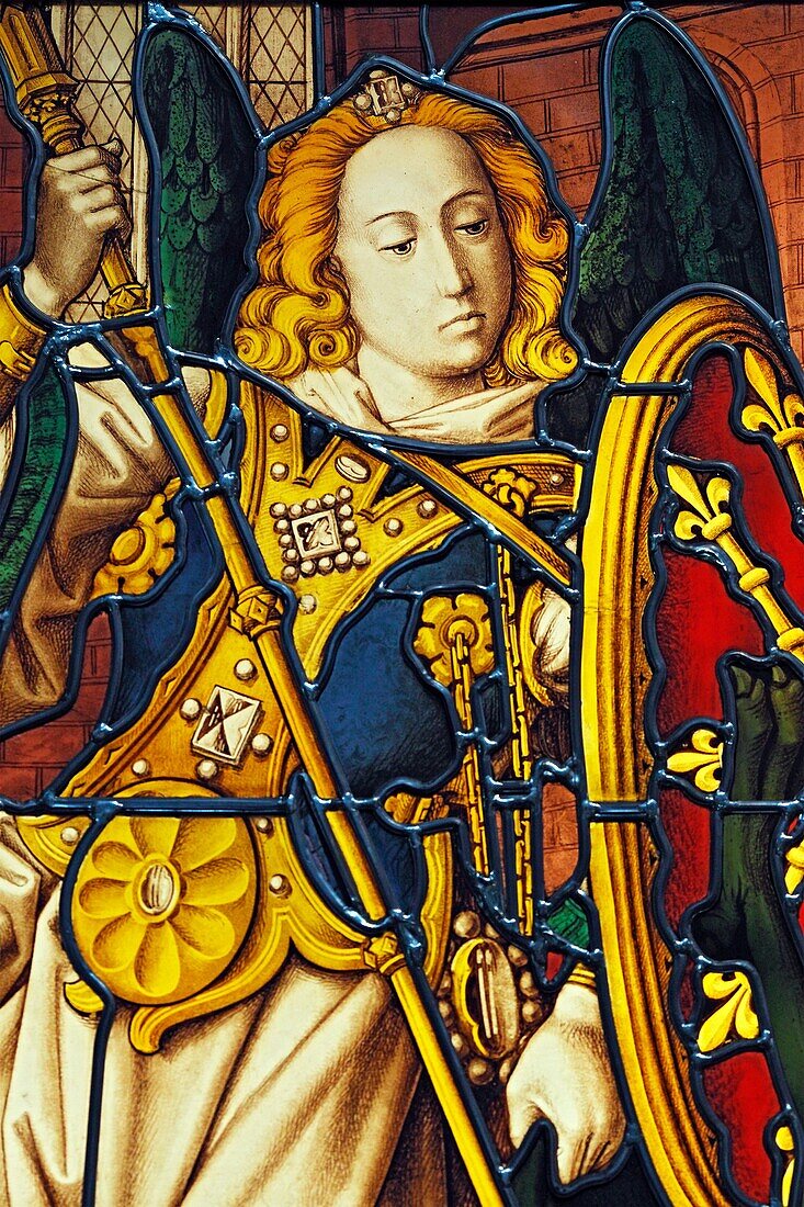 Glass painting with St  Michael 1500s, Church of Our Lady, Bruges, Belgium