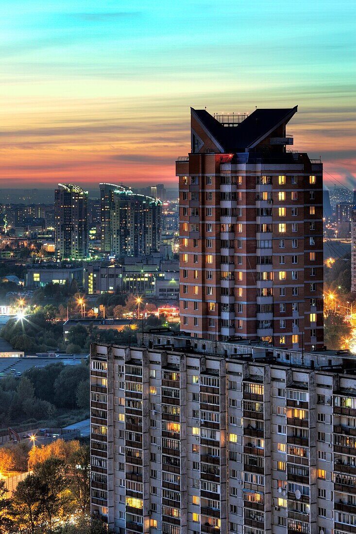 Apartment buildings at night, Moscow, Russia