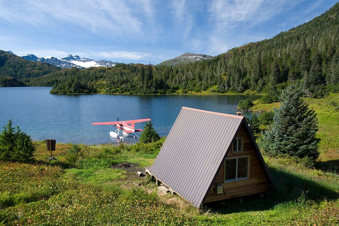 USA, Alaska, Prince William Sound, Shrode Lake, float plane parked by US Forest Service cabin