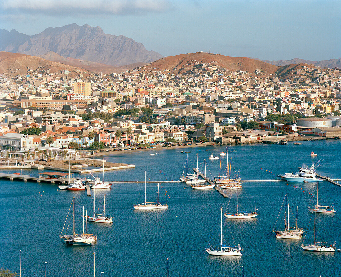 City centre behind the marina, Mindelo, Sao Vicente, Ilhas de Barlavento, Republic of Cape Verde, Africa