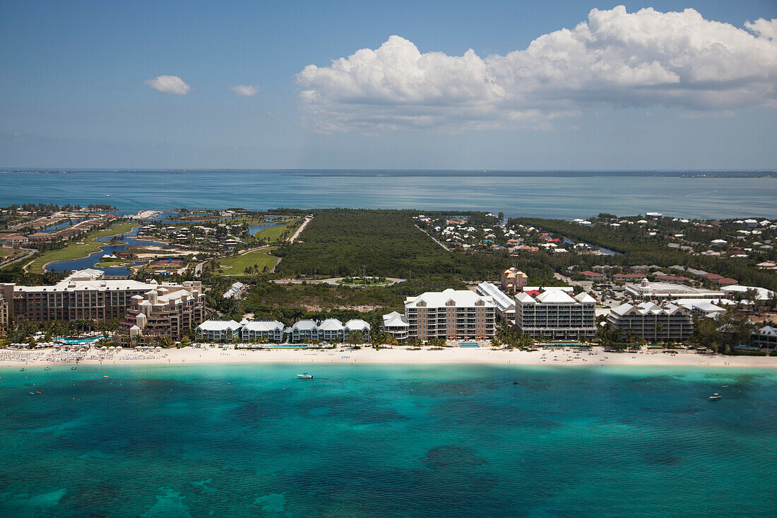 Aerial of hotels along beach, George Town, Grand Cayman, Cayman Islands, Caribbean